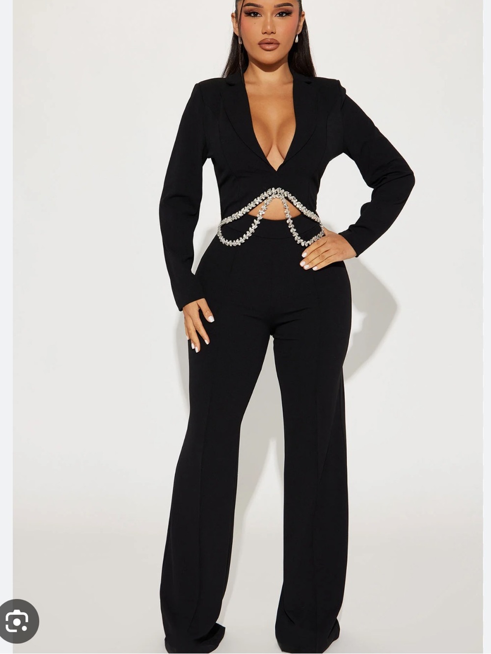 Fashion Nova Black Crystal-Trim Blazer Jumpsuit